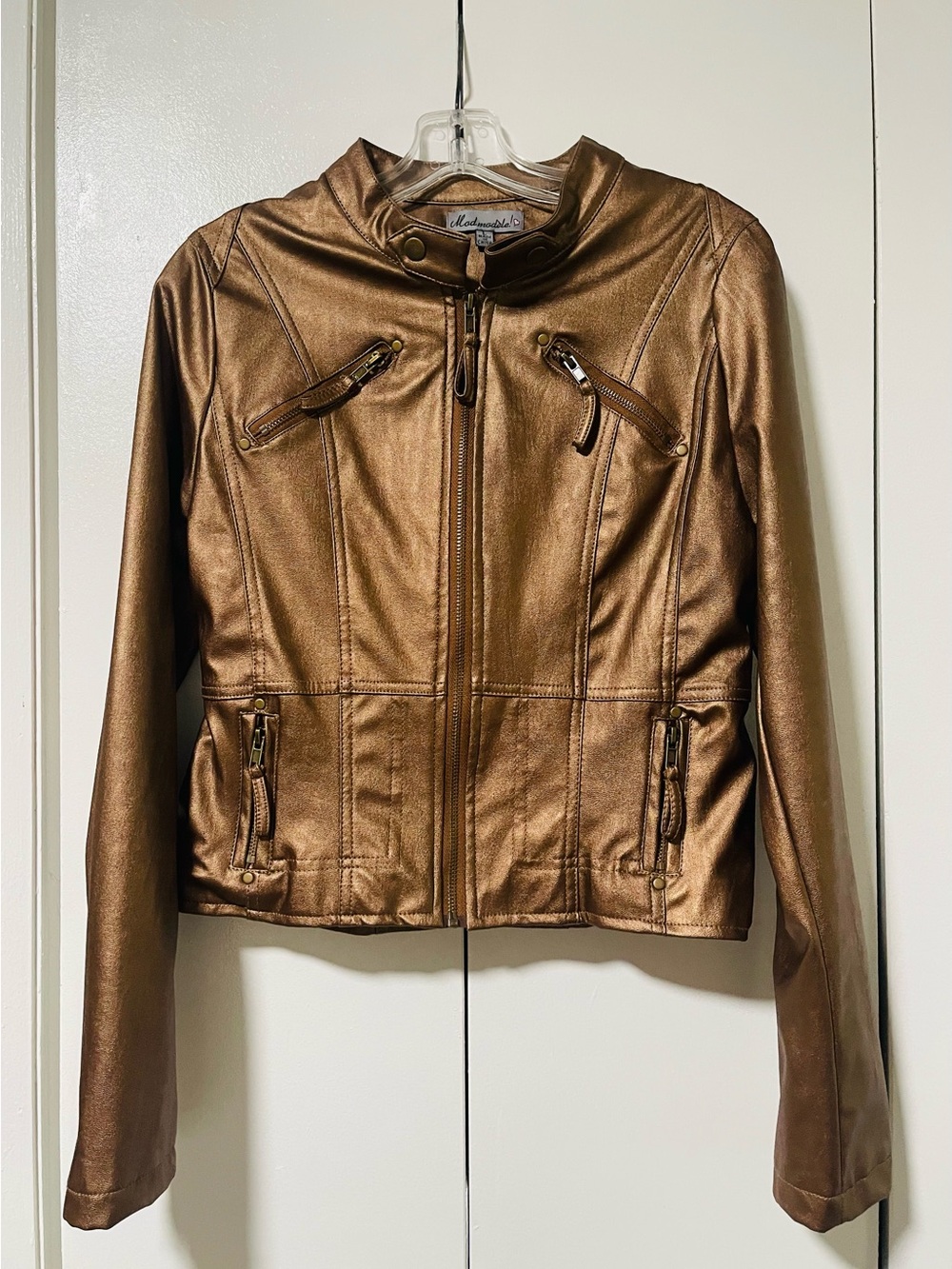 Metallic Bronze Faux Leather Moto Jacket - Women's Bronze Jacket